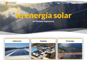 página de inicio de página web. Destaca cabecera con bordes ondulados y fondo de un vídeo que muestra placas solares, con rayos de sol y nubes en movimiento. Superpuesto al vídeo figura el texto en amarillo "tu energía solar" a gran tamaño