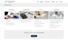 captura de pantalla de web Cuevas y Asociados. Fondo blanco, principalmente. Muestra menú superior, cuatro imágenes bajo éste y zona sombreada en gris con botón azul de contacto.
